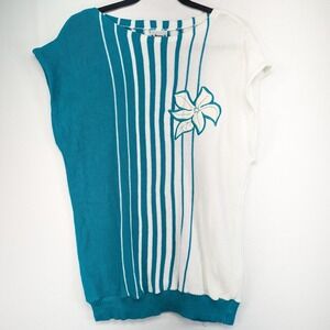 Vintage Aileen II Teal White‎ Striped Floral Knit Top Short Sleeve USA Size 40